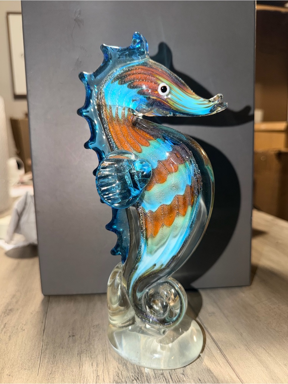 Large Hand Blown Art Glass Seahorse Figurine Blue Multicolor 9” Coastal Decor